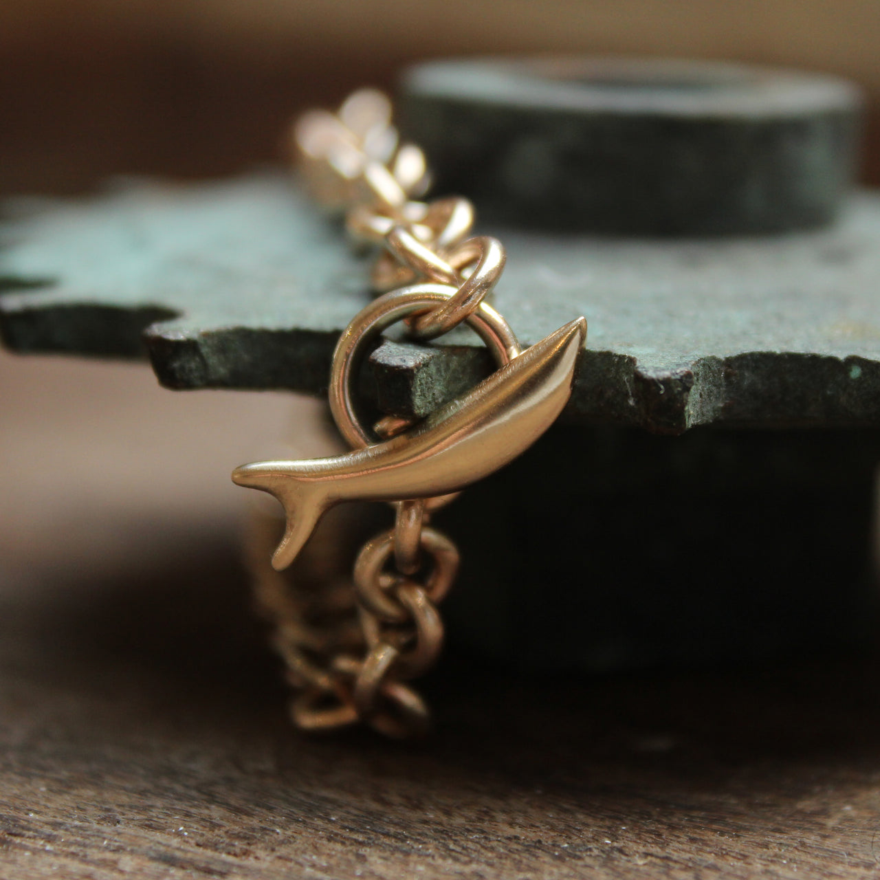 Gold wrist chain  - No 5 with mini fish & plain ring